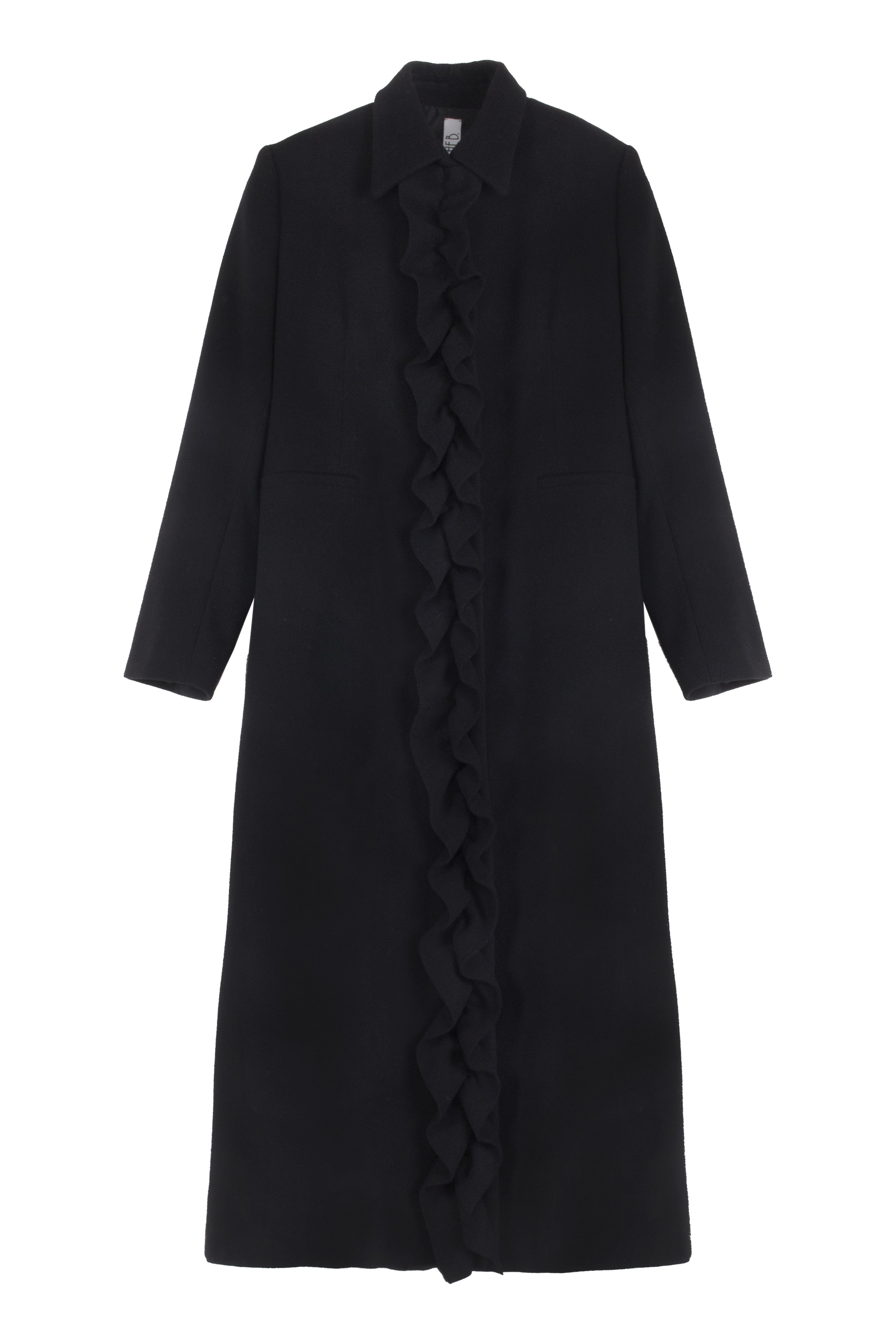 Cappotto lungo lana nera con rouches